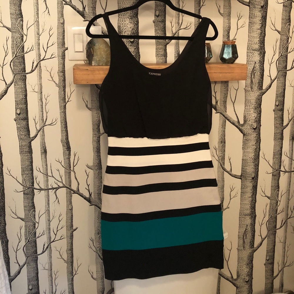 Express Bandage Dress with Teal, Black & White